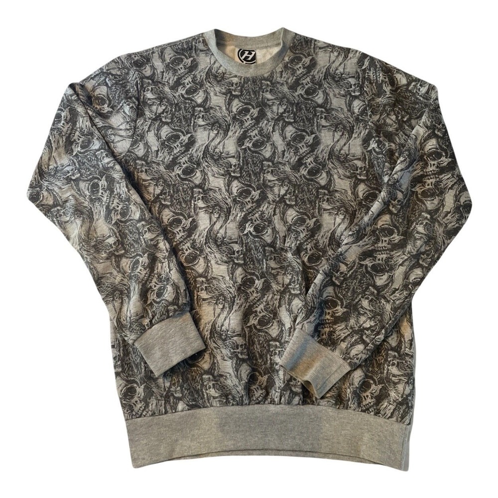 Hybrid Apparel Skull Reaper All Over Print Sweatshirt Mens Small Gray Crewneck
